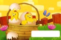 Cartoon farm happy scene with standing rooster and hen farm birds