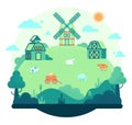 Cartoon farm landscape with country houses, mill and grazing cows - vector flat illustration