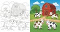 Cartoon Farm Scene: Cows and Barns in Color and Black and White Illustrations Royalty Free Stock Photo