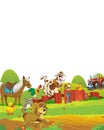 Cartoon farm scene with farm animals having fun on white background - illustration for children