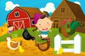 Cartoon farm scene - hens rooster and the hostess