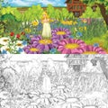 Cartoon farm scene with little elf girl on flowers - with coloring page - image for different fairy tales Royalty Free Stock Photo