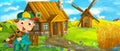 Cartoon farm scene of traditional village with windmill in the background with jester or knight illustration for children