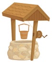 Cartoon farm well icon. Stone and wooden water source