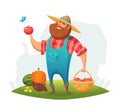 Cartoon farmer character design. rancher holding a basket of vegetables in his hand. Vector illustration.