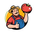 Cartoon farmer character with tomato emblem. Fresh organic vegetables logo vector illustration