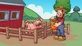 Cartoon farmer feeding a happy pig