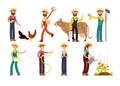 Cartoon farmer and gardeners with tools and farm animals vector characters set Royalty Free Stock Photo