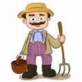 Cartoon farmer with pitchfork and basket
