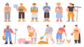 Cartoon farmers. Agricultural workers hold vegetables and farming tools, feed pig and chickens, dry hay. Garden or farm character Royalty Free Stock Photo