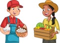 Cartoon farmers with chicken and fruits