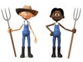 Cartoon farmers holding pitchforks.