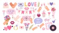 Cartoon fashion love stickers and patches for valentine day. Heart balloon, hands of couple, lip kisses, dove and letter