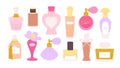Cartoon fashion perfume bottles. Decorative fragrance bottle, female stylish essences. Luxury and elegance cosmetics