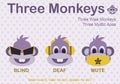 Cartoon Fashion Of Three Monkeys With Blind Deaf And Mute In Purple - Vector