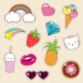 Cartoon fashionable vector girl patches collection. Ice cream, cupcake, pineapple and cat icons