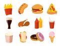 Cartoon fast food, burger, drink, chicken tacos, salad, hotdog vector set