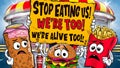 Cartoon Fast Food Characters Pleading for Mercy with Sign to Stop Eating Them. Concept Cartoon,