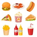 Cartoon fast food elements. Junk snack, foods in cafe icons. Hot dog, sweet drink, pizza slice and sauces. Isolated