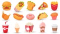 Cartoon fast food. Hamburger, tasty sandwich and hot dog. Soda drink, milkshake and coffee. Street food vector Royalty Free Stock Photo