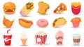 Cartoon fast food. Hamburger, tasty sandwich and hot dog. Soda drink, milkshake and coffee. Street food vector illustration set Royalty Free Stock Photo