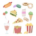 Cartoon fast food tasty meal: hot dog, donuts, sandwich, soda, ice cream.