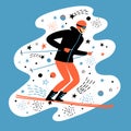 Cartoon fast skier on decorative background