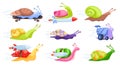 Cartoon fast snails. Turbo rocket fast-moving snail, playful gastropod on skateboard, slow run and humorous race vector