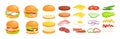 Cartoon fastfood hamburger maker collection with fresh slice of vegetable, melted cheese, sauces, bun and meat cutlet Royalty Free Stock Photo