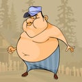 Cartoon fat big bellied and cheeky man looks cunningly