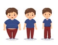 A cartoon fat boy, average boy, and skinny boy. Boy with different weight