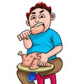Cartoon fat boy eat big fried chicken