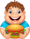 Cartoon fat boy eating big burger Royalty Free Stock Photo