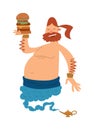 Cartoon fat boy gin with large hamburger coming out of a magic lamp flat vector illustration. Royalty Free Stock Photo