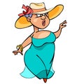 Cartoon fat lady in a long dress and hat walks important