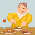 Cartoon Fat Man Eat Grilled Meat Sausage Character Icon on Stylish Background Design Vector Illustration Royalty Free Stock Photo