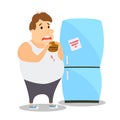 Cartoon Fat Man eating Burger near the refrigerator. Vector Royalty Free Stock Photo