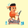 Cartoon fat man exercising on elliptical machine