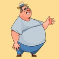 Cartoon fat man in hat smiling waved his hand