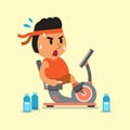 Cartoon fat man riding recumbent exercise bikes