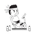 Cartoon fat man riding recumbent exercise bikes