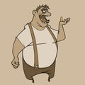 Cartoon fat man standing with open mouth and gesturing with hand