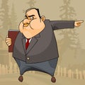 Cartoon fat man in a suit and a book angrily points his hand