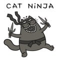Cartoon fat ninja cat with sais is attacking. vector illustration. Royalty Free Stock Photo
