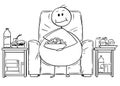 Cartoon of Fat or Overweight Man Sitting on Armchair, Watching Tv and Eating Royalty Free Stock Photo