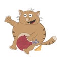 Cartoon fat redhead sits, waves his paw and holds a ball of thread because of which a small mouse peeps