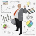 cartoon fat smile businessman or office worker and doodle financ Royalty Free Stock Photo