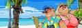 Cartoon fat tourists with a map on the beach with palm trees Royalty Free Stock Photo