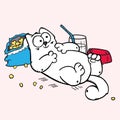 Cartoon fat white cat lying with fast food, glass of milk with straw, empty bowl, bag of chips, unhealthy menu, lie watching TV