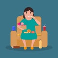 Cartoon fat woman sitting on couch eat junk food